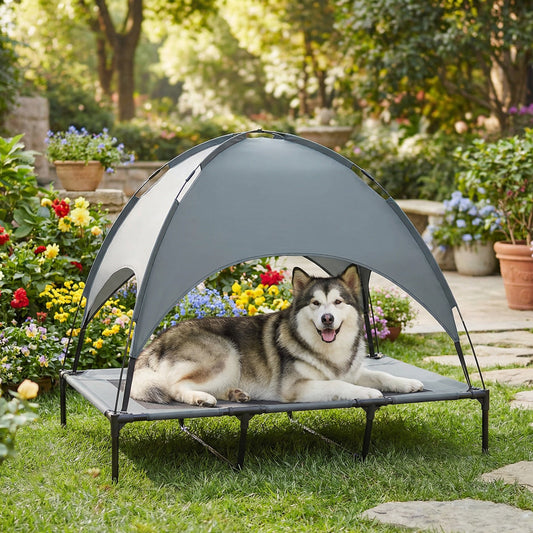 Raised Outdoor Dog Bed With Canopy - Raised Outdoor Pet Cot for Shade & Comfort.