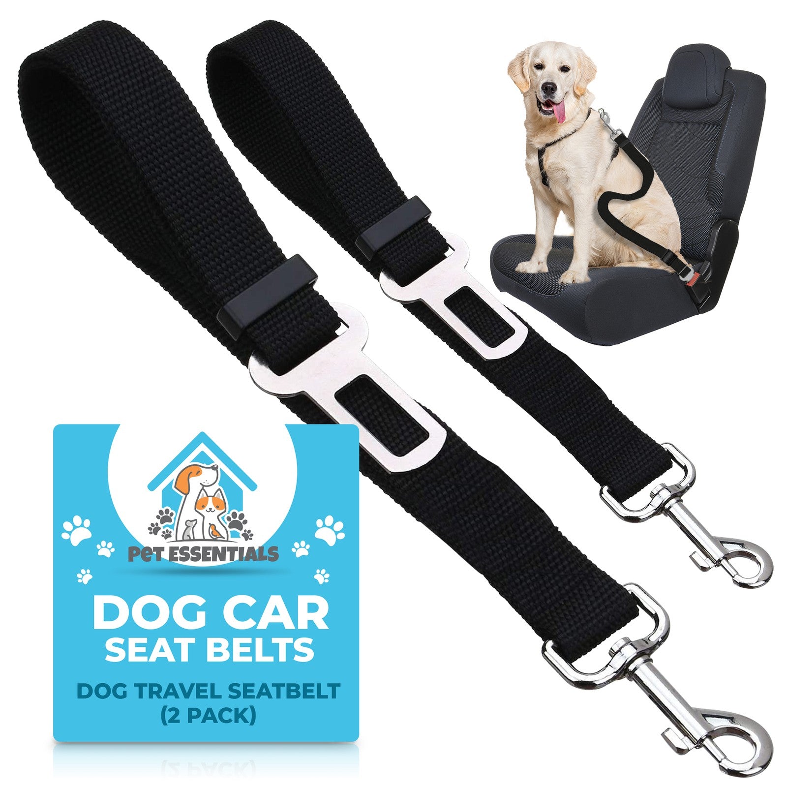 2-Pack Adjustable Dog Car Seat Belt - Travel Safety Restraint.