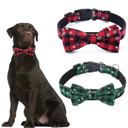 Christmas Dog Collar with Bow Tie -  Festive Plaid Collar for Dogs.